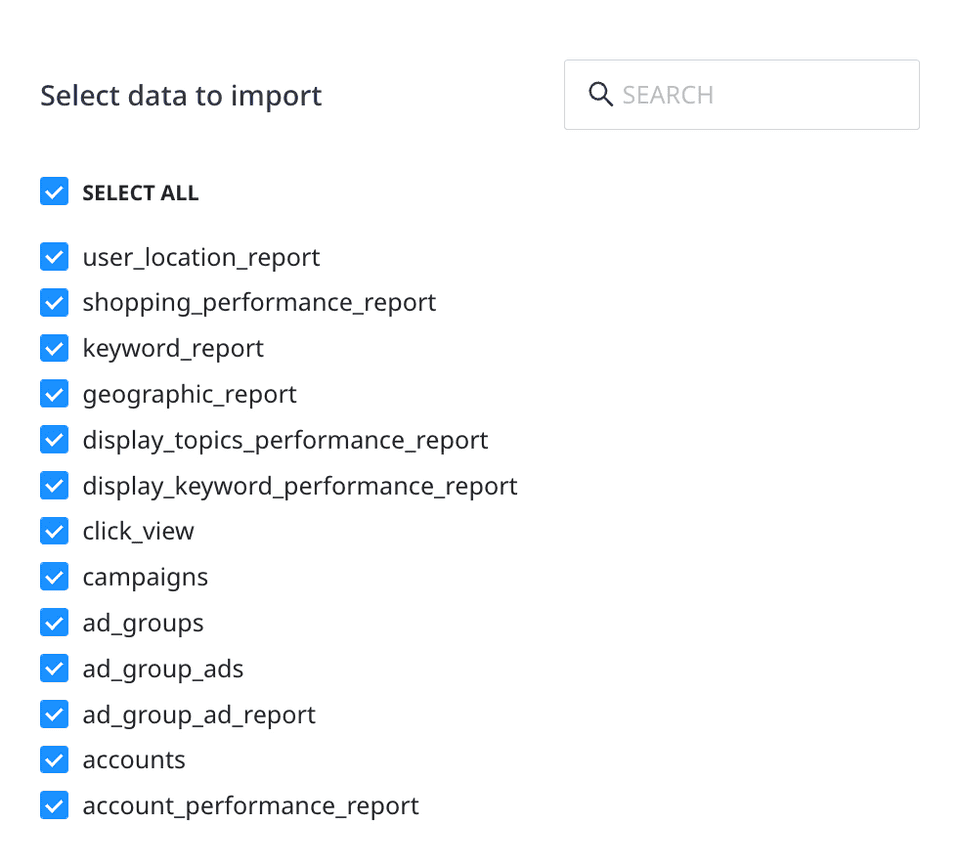 Selecting the data to import